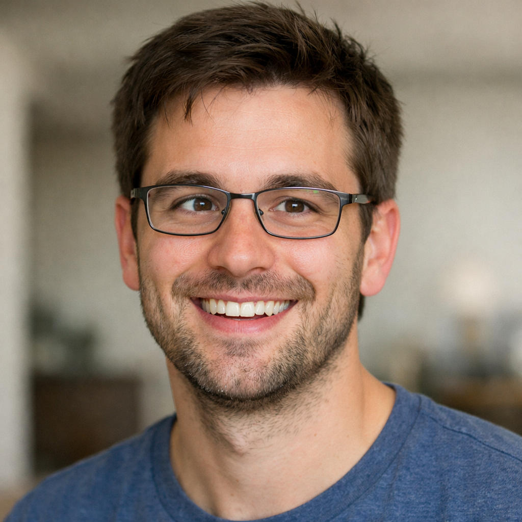 30year old male with stigmatism and one eye slightly looking in other direction smiling-1